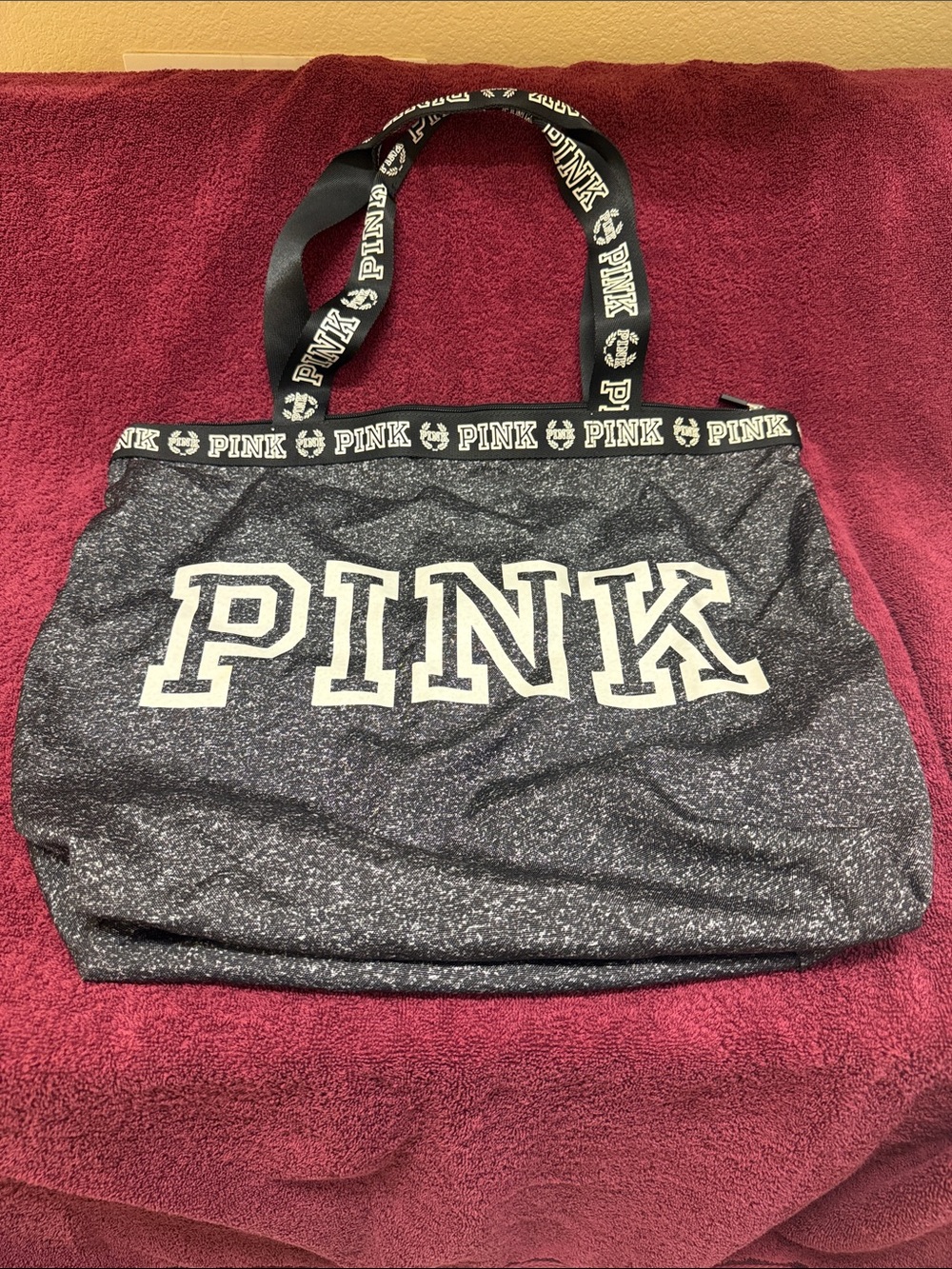 PINK Victoria's Secret Gray logo Canvas Tote Bag zip top lined inner pockets.